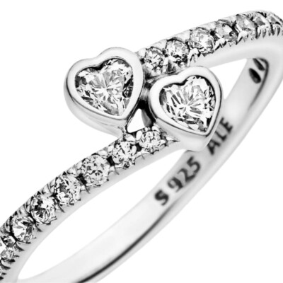 191023CZ-56 PANDORA NAKIT Two Sparkling Hearts ženki prsten, srebro 925 D7/16 - 191023CZ 2